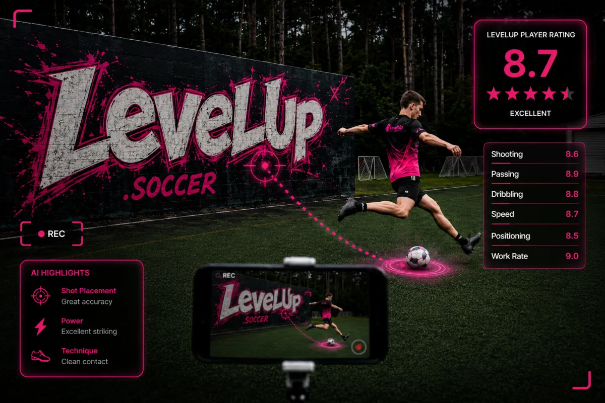 A LevelUp player development view showing a player on the ball and coaching insights